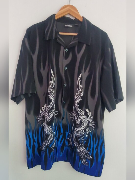 Odo Other - ODO Y2k Black Shirt with Blue Flame & Dragon Motif Size XL